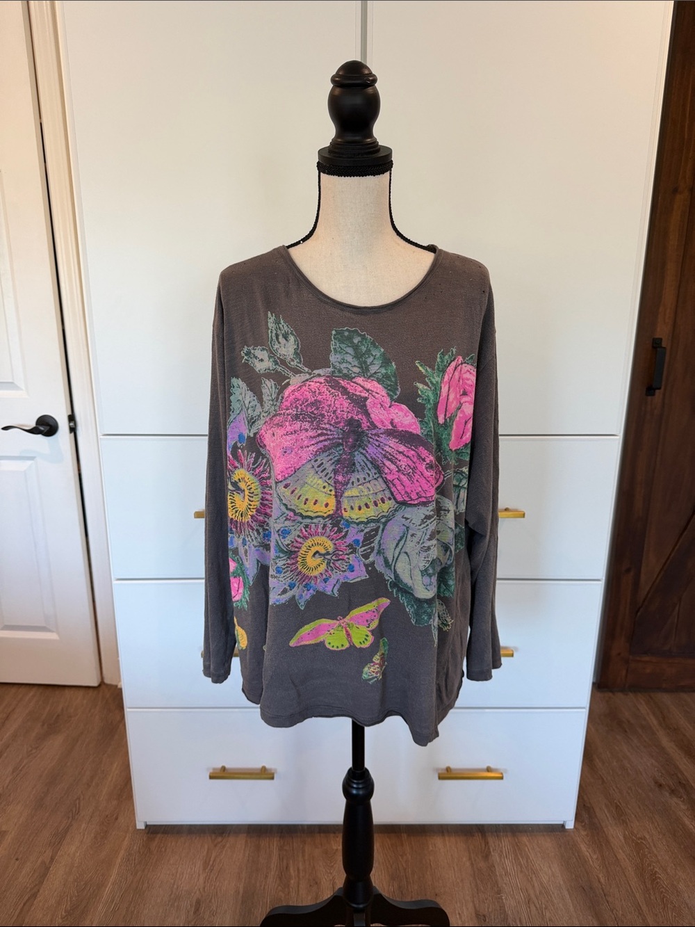 Magnolia Pearl Gray Long Sleeve Tee with Pink Floral & Green Accents